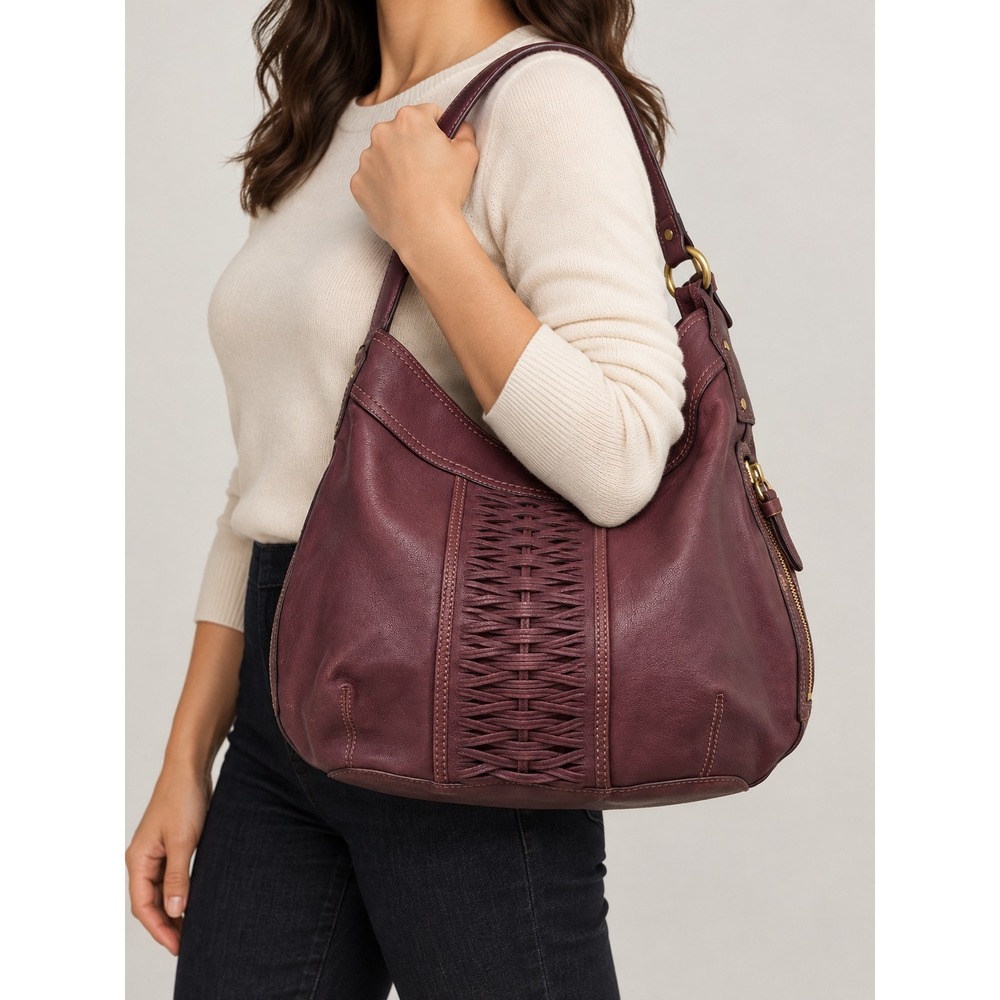 Cole Haan Plum  Burgundy  Hobo Shoulder Bag Woven Front Gold Tone Hardware